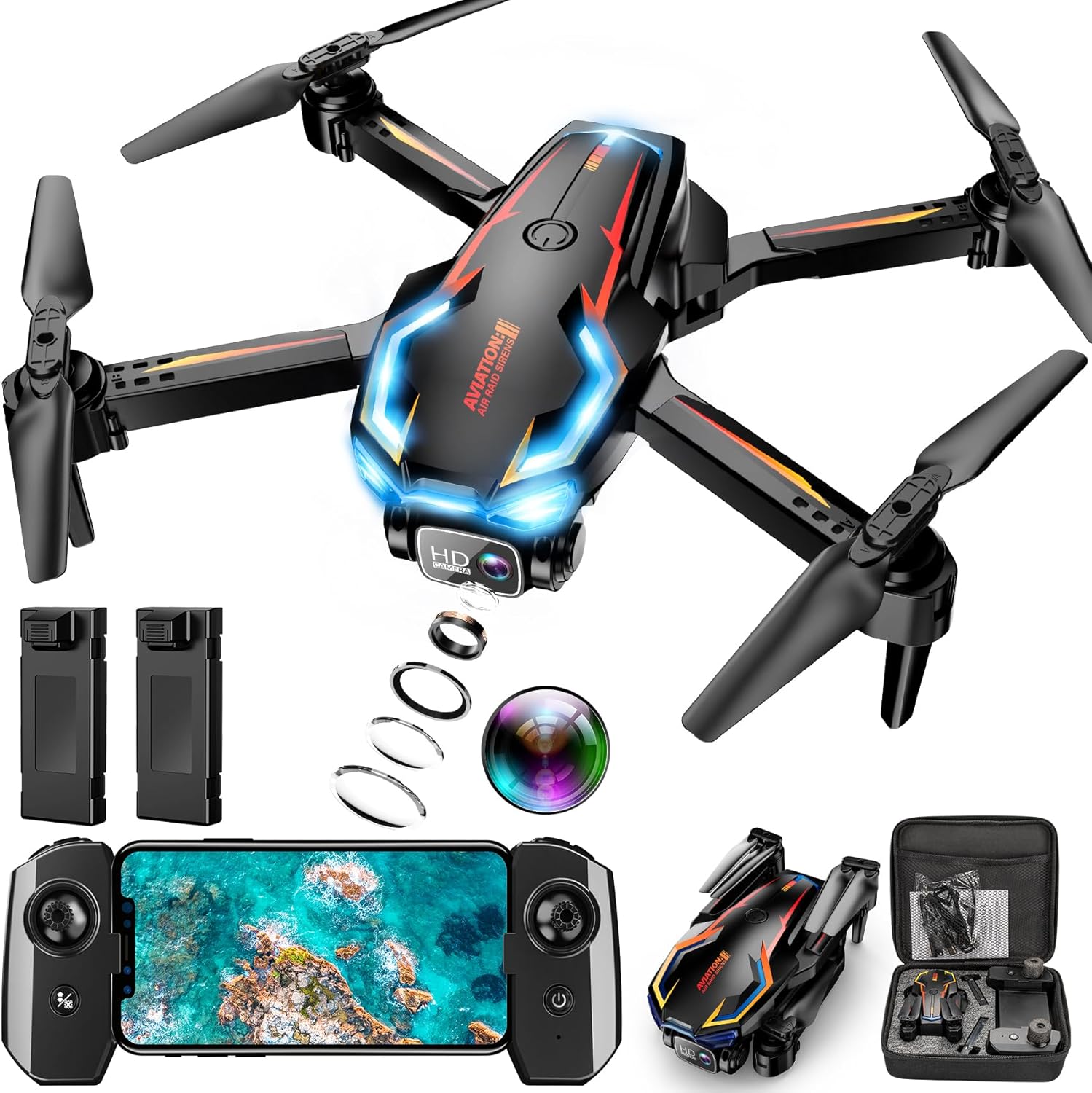 Drone with Camera for Adults, 2K HD FPV Drones with Upgrade Altitude Hold, One-Key Take Off/Landing, Speed Adjustment, Headless Mode, 2 Batteries